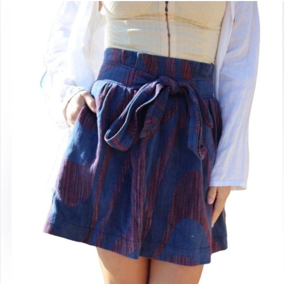 Cidra Anthro Ikat Ethnic Blue Short Flared Mini Skirt Waist Tie Womens Size 14 - Picture 11 of 11